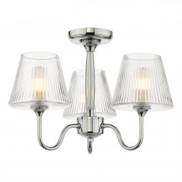 A modern, deco-inspired, polished chrome, semi-flush bathroom ceiling light with three ribbed glass shades