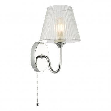 A deco-inspired, chrome, bathroom wall light with clear ribbed glass shade 
