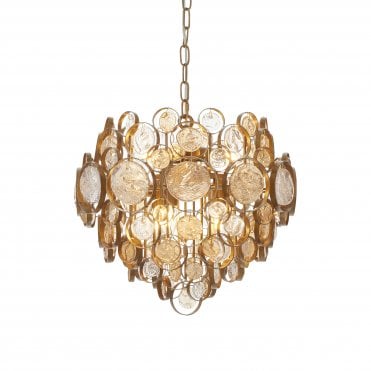 Antique Gold Chandelier With Clear And Amber Glass Details