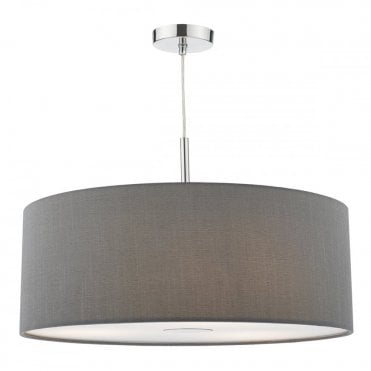 RONDA - 3 Light Ceiling Pendant 60Cm Drum Grey Faux Silk Grey
