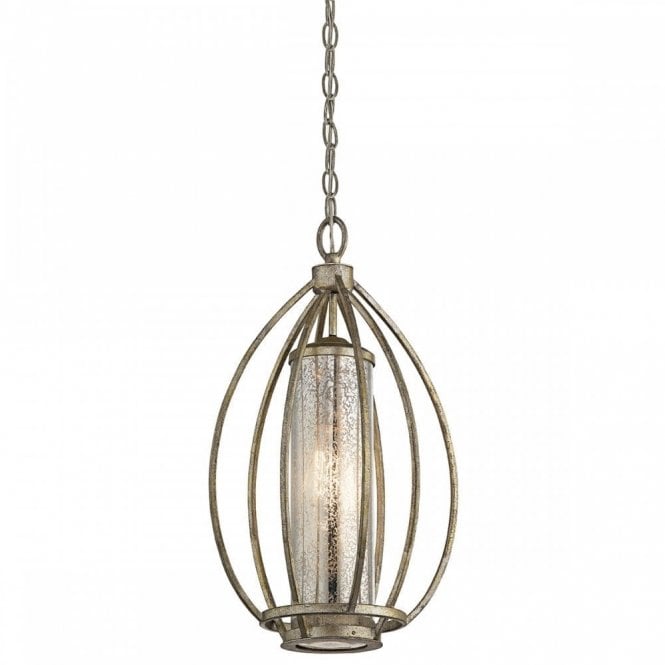 ROSALIE Elegant Ceiling Pendant Sterling Gold Cage Mercury Antiqued Glass