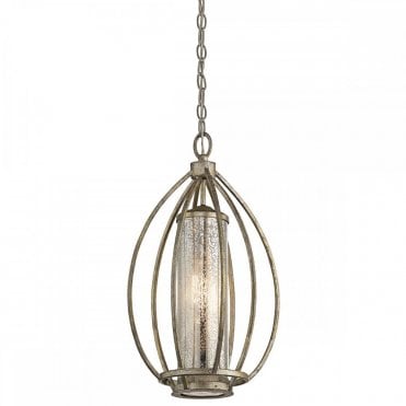 ROSALIE Elegant Ceiling Pendant Sterling Gold Cage Mercury Antiqued Glass