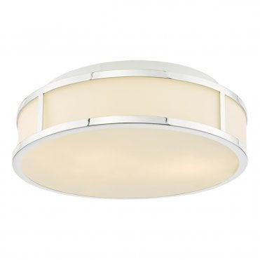 modern art deco inspired flush bathroom ceiling light in polished chrome with opal glass shade