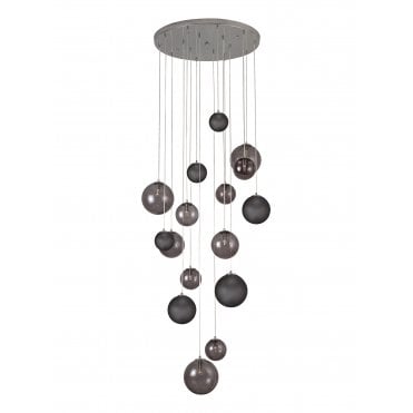 RYLEE 16 Light Ceiling Pendant Cluster Polished Chrome with Black & Smoked Glass - Long Hanging Light