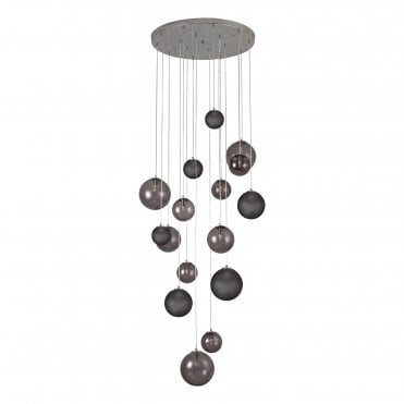 RYLEE 16 Light Ceiling Pendant Cluster Polished Chrome with Black & Smoked Glass - Long Hanging Light