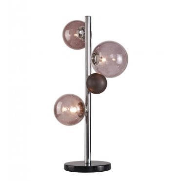 RYLEE 3 Light Polished Chrome Table Lamp, Smoked Glass Globe Shades