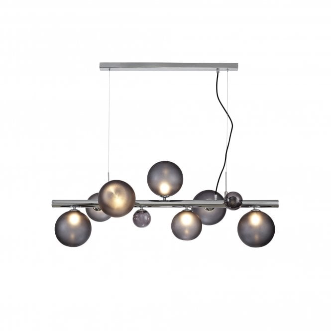 RYLEE 7 Light Ceiling Pendant Bar in Polished Chrome with Smoky Globe Shades