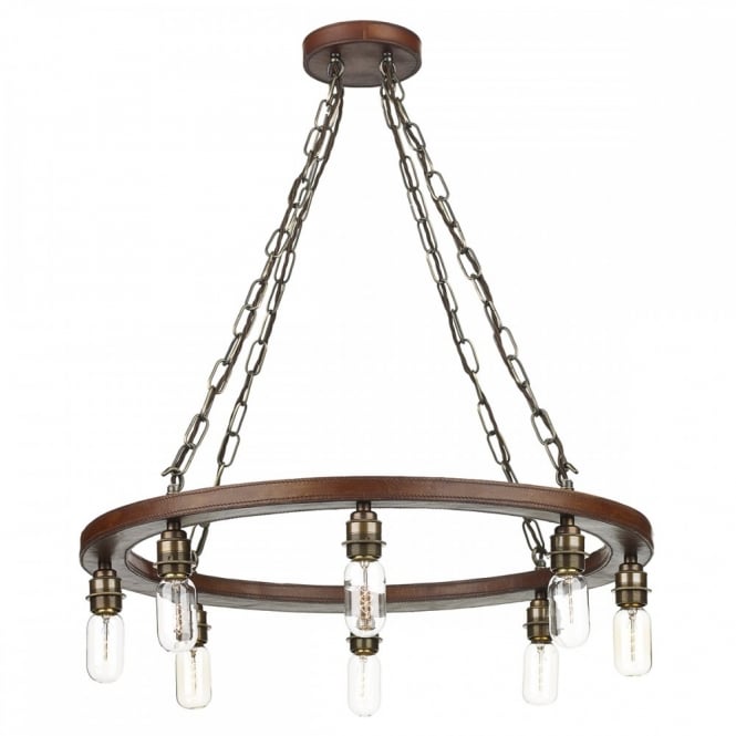 SADDLER Leather Effect - 8 Light Cartwheel Ceiling Pendant