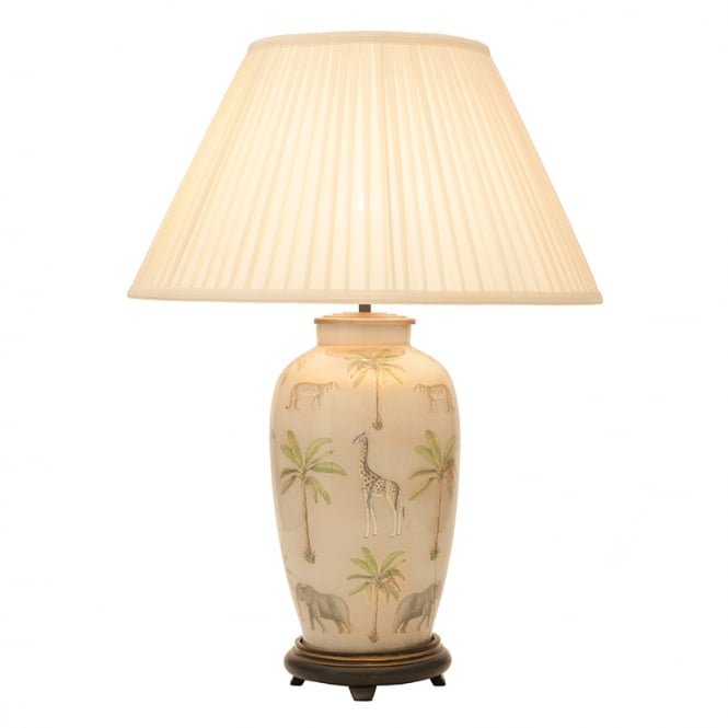 SAFARI Large Urn Table Lamp with Silk Knife Pleat Balloon Lined Almond Shade 50cm