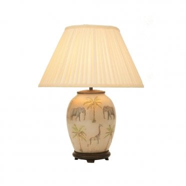 SAFARI Medium Oval Table Lamp with Silk Knife Pleat Balloon Lined Almond Shade 40cm