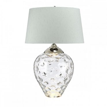 dual-lit large table lamp with clear dimpled glass base and nickel details