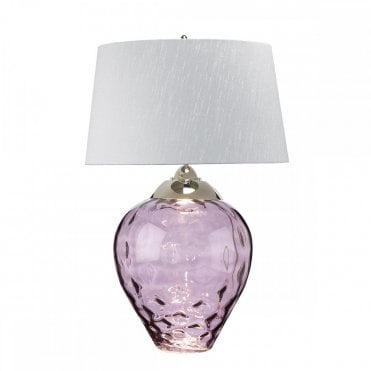 dual-lit purple dimpled glass table lamp with nickel details