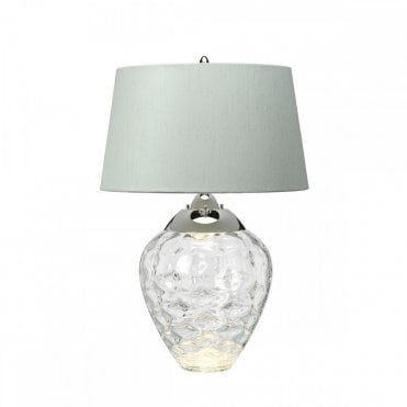 dual lit table lamp with clear dimpled glass base and nickel details