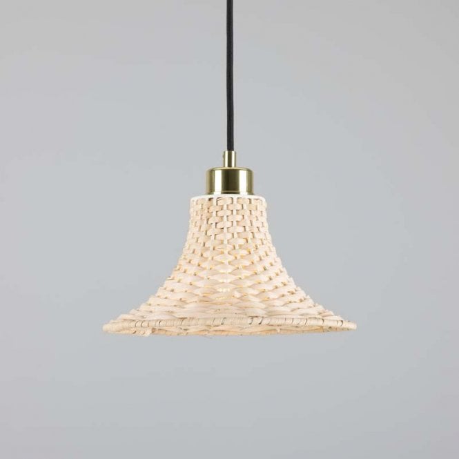 SAVANNAH Bell Shaped Rattan Ceiling Pendant with Polished Brass Finish