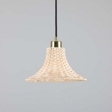 Bell shaped woven ceiling pendant with polished brass fittings