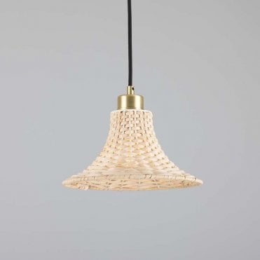 Rattan bell shape ceiling pendant with satin brass finish