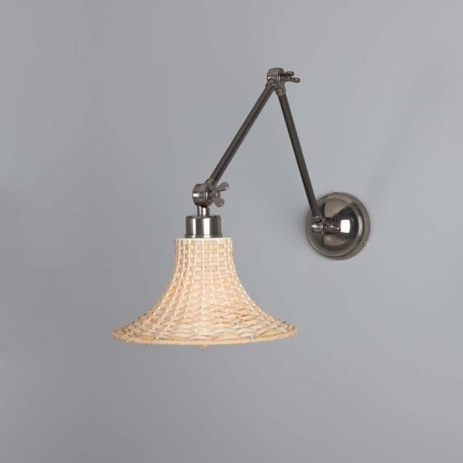 SAVANNAH Bell Shaped Rattan Wall Light with Adjustable Antique Silver Arm
