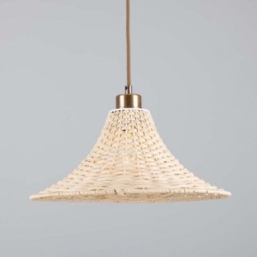 Large Bell shaped rattan ceiling pendant with antique brass fittings