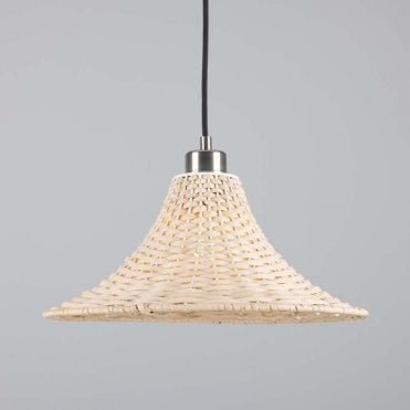 bell shaped rattan ceiling light with antique silver fittings