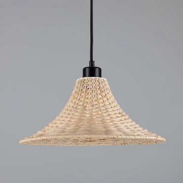 Matte black hanging light with woven rattan shade