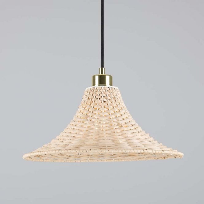 SAVANNAH Large Bell-Shaped Rattan Ceiling Pendant with Polished Brass Finish