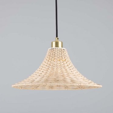 large woven rattan ceiling light with satin brass fittings