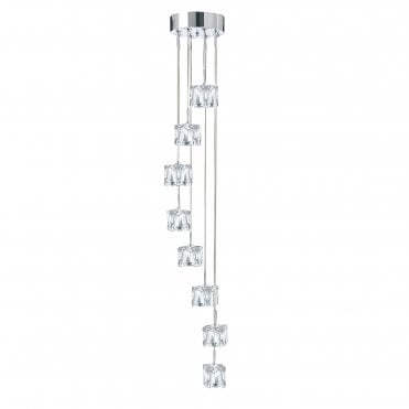 SCULPTURED ICE Cube Dimmable LED - 8 Light Multi-Drop Clear Glass Shades Chrome