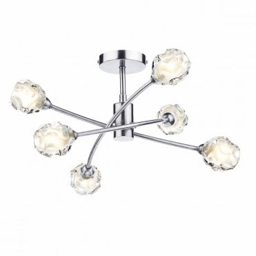SEATTLE - Satin Chrome and Sculpted Glass 6lt Semi Flush Ceiling Light