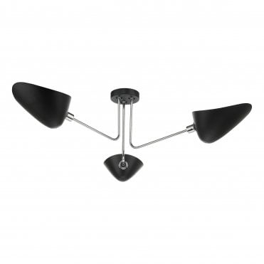 chrome 3 arm semi flush ceiling light with black scoop shaped shades