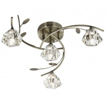 4 Light Semi-Flush Ceiling Light In Antique Brass And Glass Shades