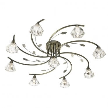 9light antique brass semi flush ceiling light