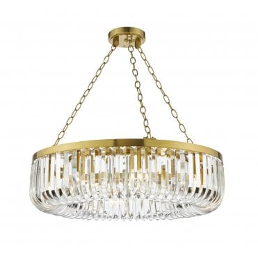 Sigourney 8 Light Pendant in Satin Gold and Crystal – luxury chandelier with swagged crystals and gold frame for statement interior lighting