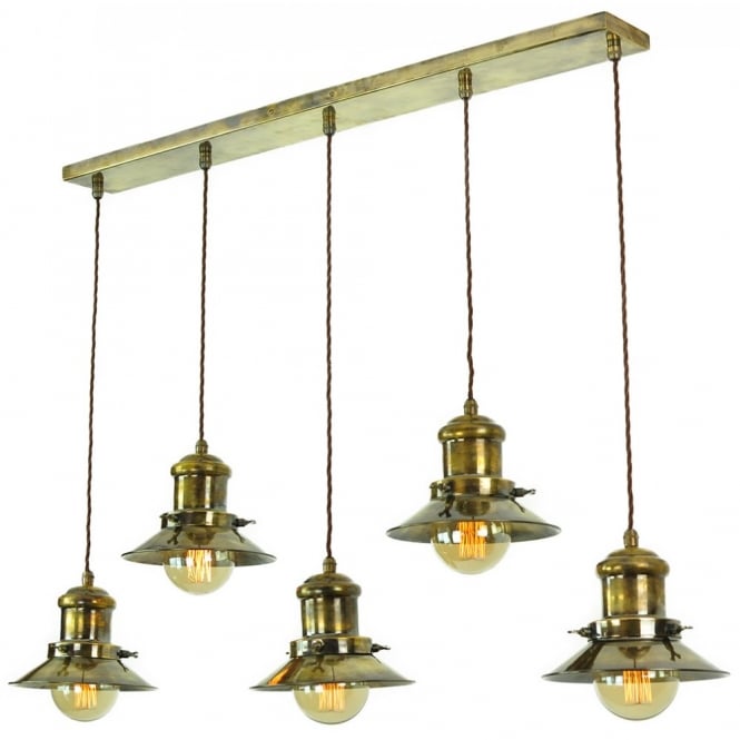 SMALL - Edison 5 Light Ceiling Pendant Antique Brass C/W Lb3 Bulbs