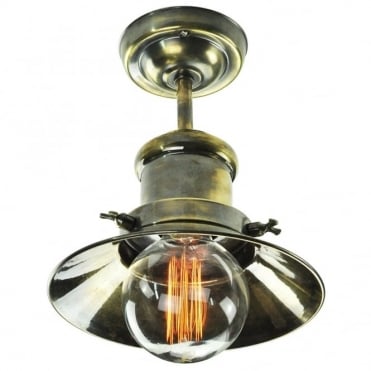SMALL - Edison Flush Ceiling Antique Brass C/W Lb3 Bulbs