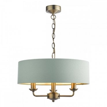 three light shaded ceiling pendant in pale green and antique brass
