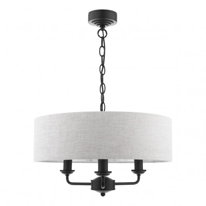 Sorrento 3 Light Pendant Matt Black with Natural Linen Shade