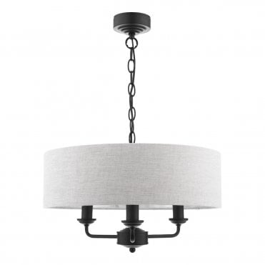 matt black 3 light ceiling light with natural linen drum shade