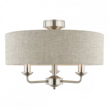 three light satin nickel semi flush ceiling light with natural shade