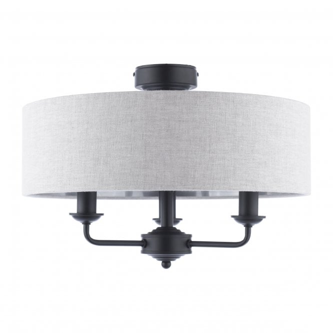 Sorrento 3 Light Semi-Flush Matt Black with Natural Linen Shade