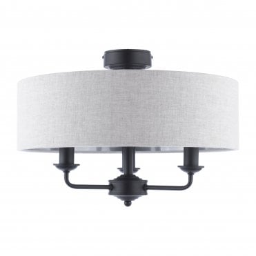 matt black semi flush ceiling light with natural linen drum shade