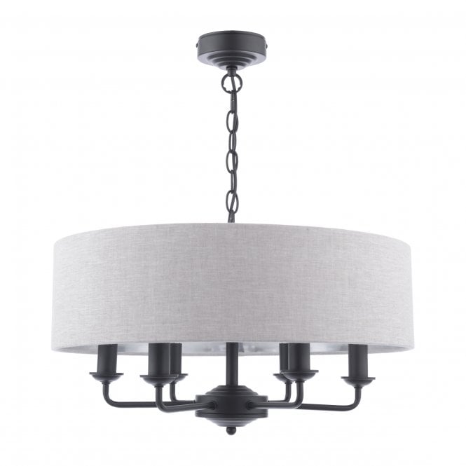Sorrento 6 Light Pendant Matt Black with Natural Linen Shade