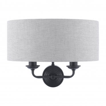 matt black double wall light with half drum linen shade