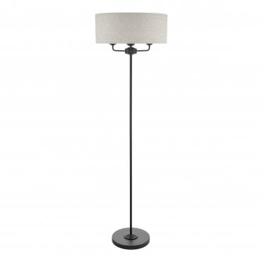 matt black floor lamp with natural linen drum shade