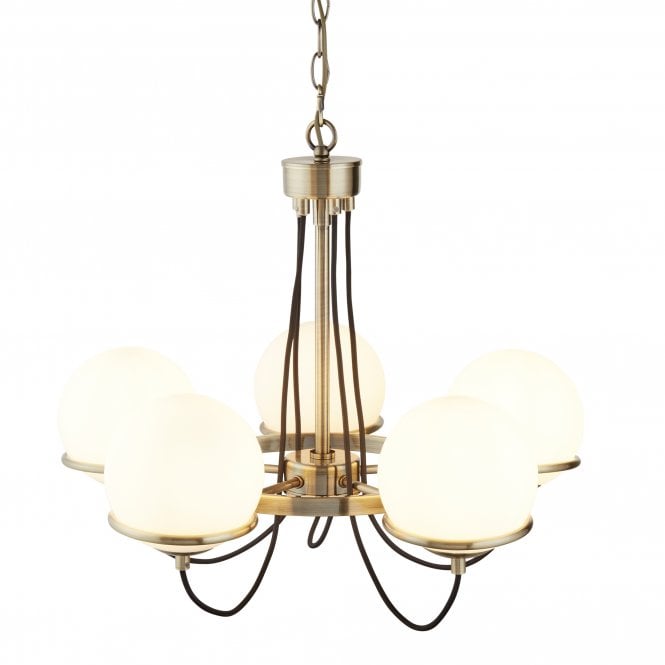 SPHERE 5 Light Ceiling Antique Brass Black Braided Cable Opal White Glass Shades