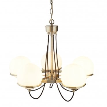 SPHERE 5 Light Ceiling Antique Brass Black Braided Cable Opal White Glass Shades