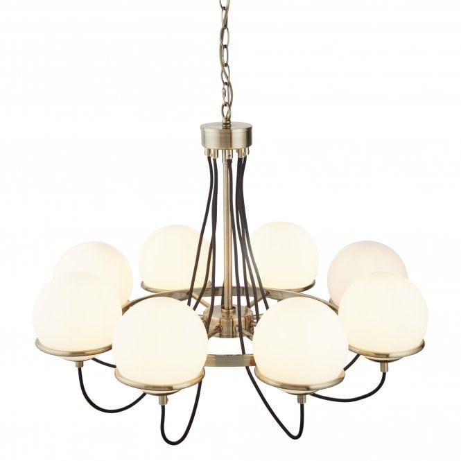 SPHERE 8 Light Ceiling Antique Brass Black Braided Cable Opal White Glass Shades