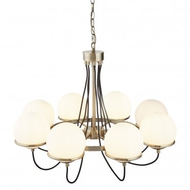 8 Light Ceiling Antique Brass Black Braided Cable Opal White Glass Shades