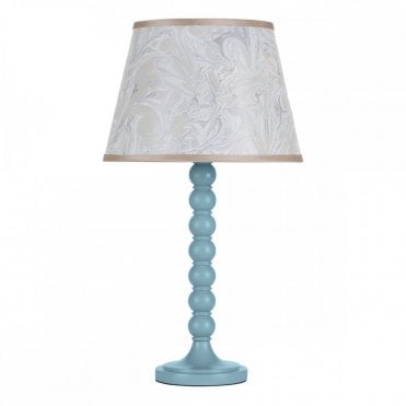 blue wood bobbin style table lamp