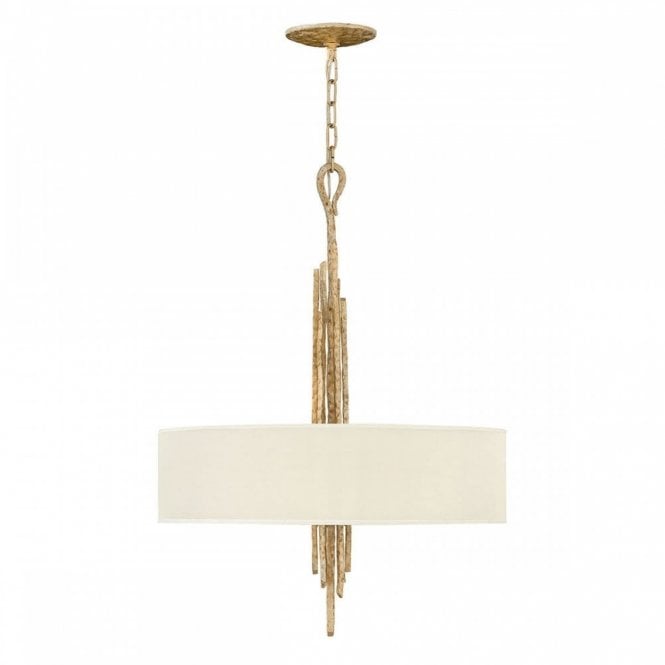 SPYRE 6 Light Ceiling Pendant Champagne Gold Hammered Organic Twigs Cream Drum Shade