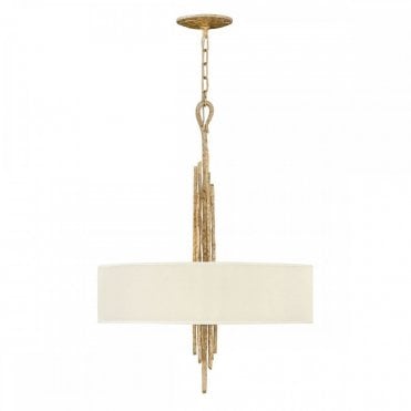 SPYRE 6 Light Ceiling Pendant Champagne Gold Hammered Organic Twigs Cream Drum Shade